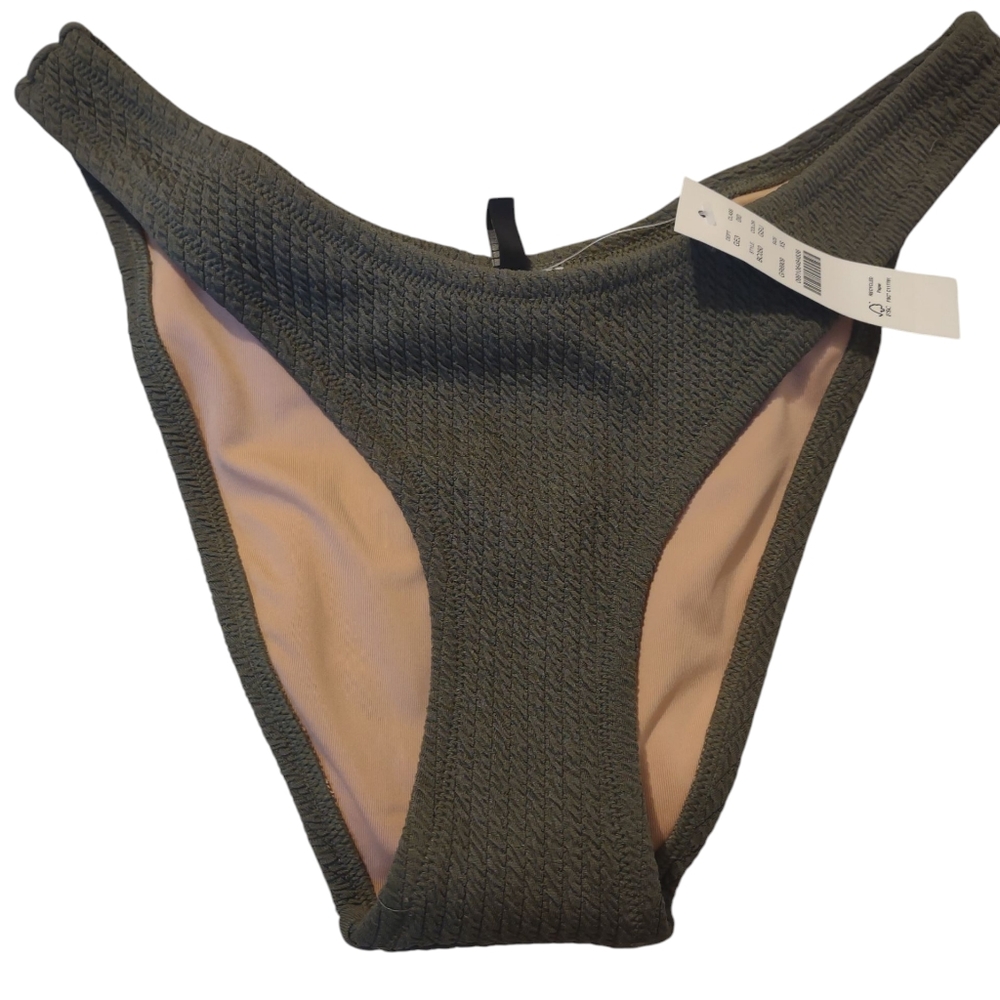 J Crew Textured Curved-Waist Cheeky Bikini Bottom Mid-Rise High-Cut Leg Green XS